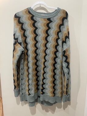 Show Me Your MuMu Wave Pattern Crewneck Sweater in Light Blue, Black, and Tan